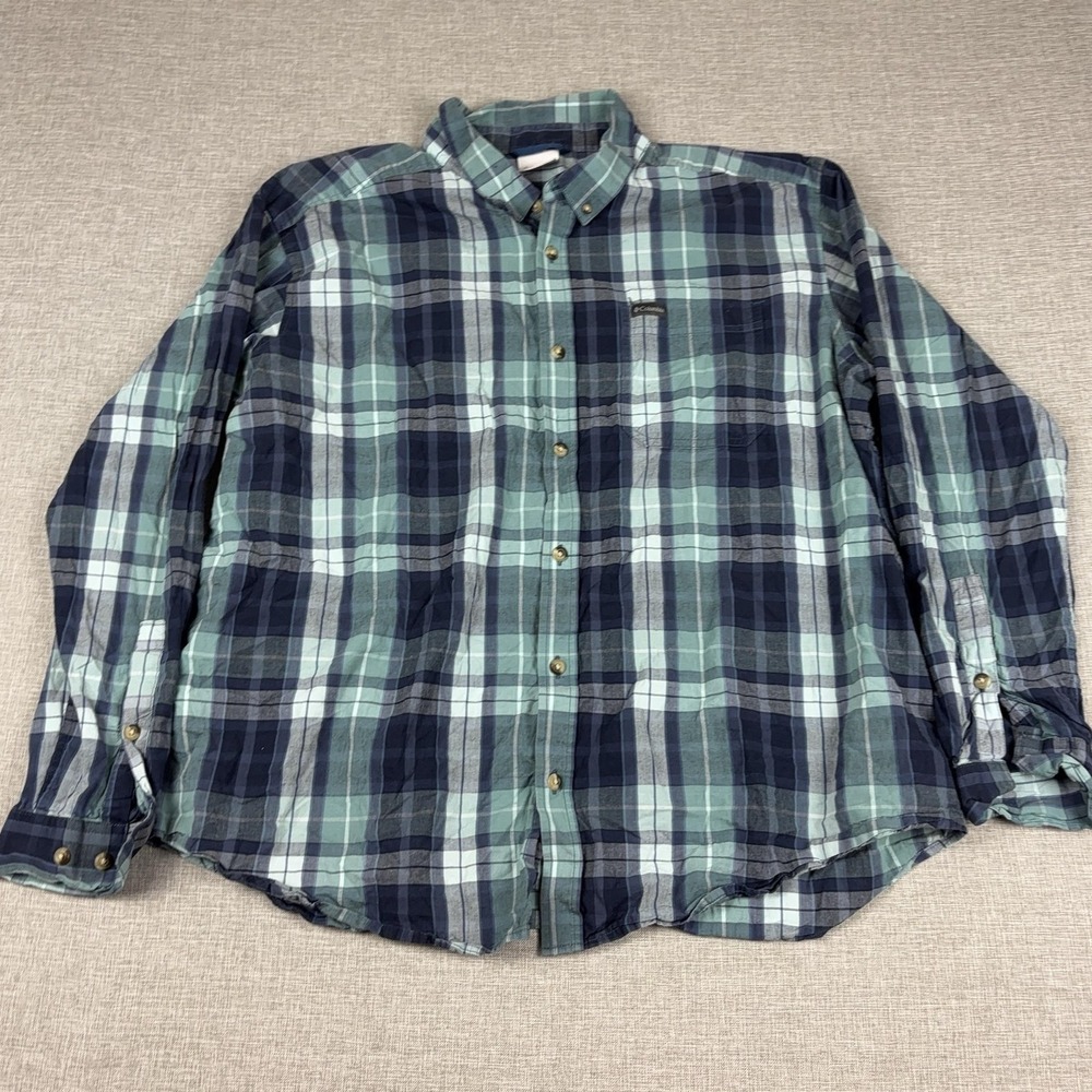 Columbia Shirt Mens 2XL Blue Plaid Long Sleeve Button Up Cotton Lightweight